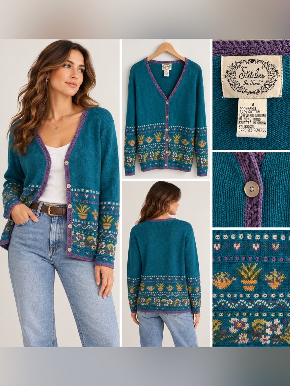 Stitches in Time Teal Ramie Cotton Novelty Knit Cardigan Small Vintage Cottageco